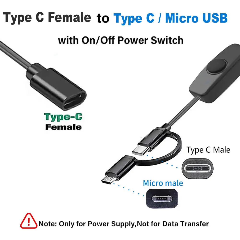 2 in 1 USB-C Extension Cable with ON OFF Switch, 5V Power Supply Charging Cord USB C Female to Type-C/Micro USB Male Cable