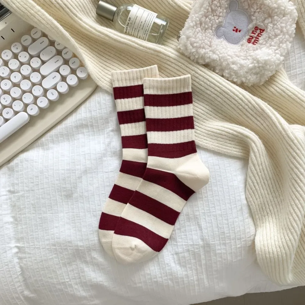 New Red Bow Female Elastic Striped Socks Knitted Cotton Snow Boot Socks Winter Thickened Middle Tube Socks Christmas Gift