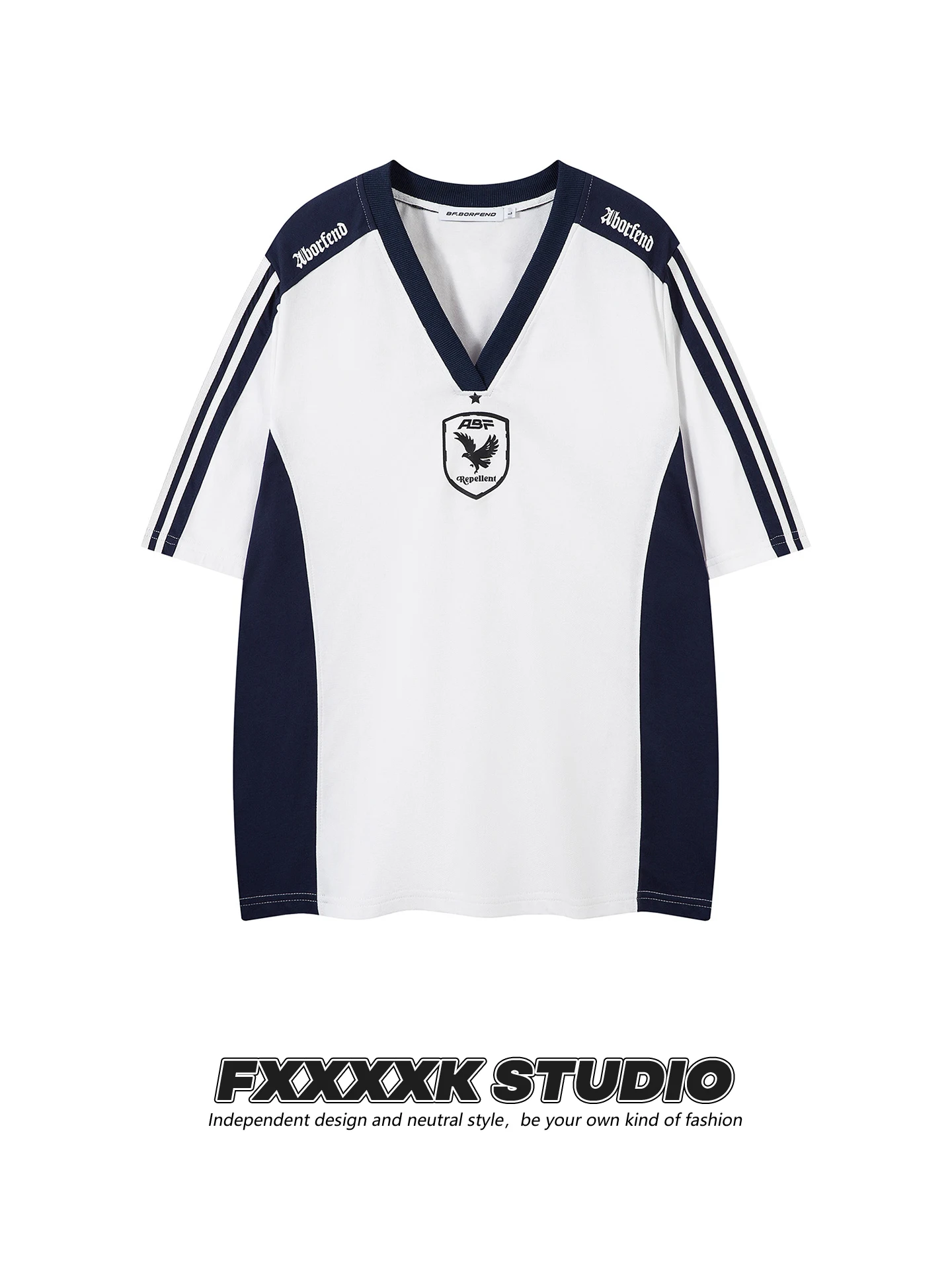 

FXK Original Retro Sport Sle College Patchwork Color Blo V-ne Loose American Trendy ort Sve T-irt Top