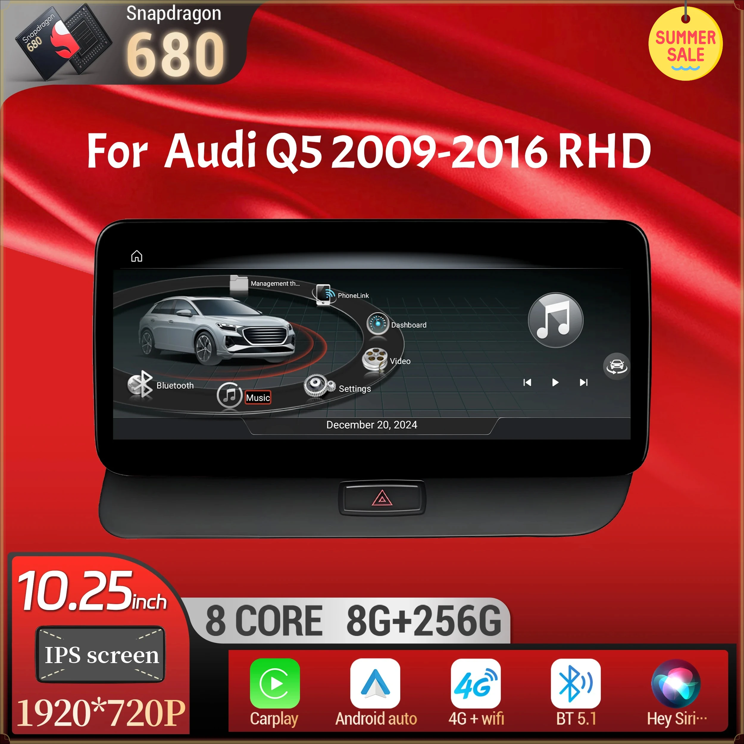10.25 inch For Audi Q5 2009-2016 Right Hand Drive Android 14 Car Radio Wireless Bluetooth Carplay Qualcomm Snapdragon 680 Screen