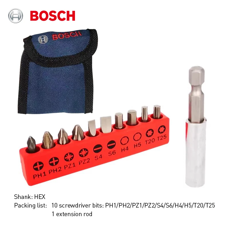 

Набор отверток Bosch из 10 предметов с удлинителем, шестигранным хвостовиком 1/4 дюйма, битами Ph/pz/s/h/t для электрической дрели и отвертки