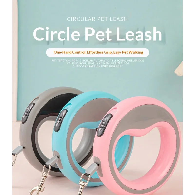Circular Automatic Retractable Dog Leash 3M Extending Walking Lead One-Hand Brake Traction Rope for Cats Small Dogs