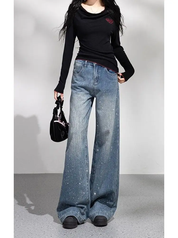 American Sle High Waist Wide Leg Jeans Women's Retro Blue Sparkling Diamond Thermal Drill Autumn Winter New Arrival Long Pants