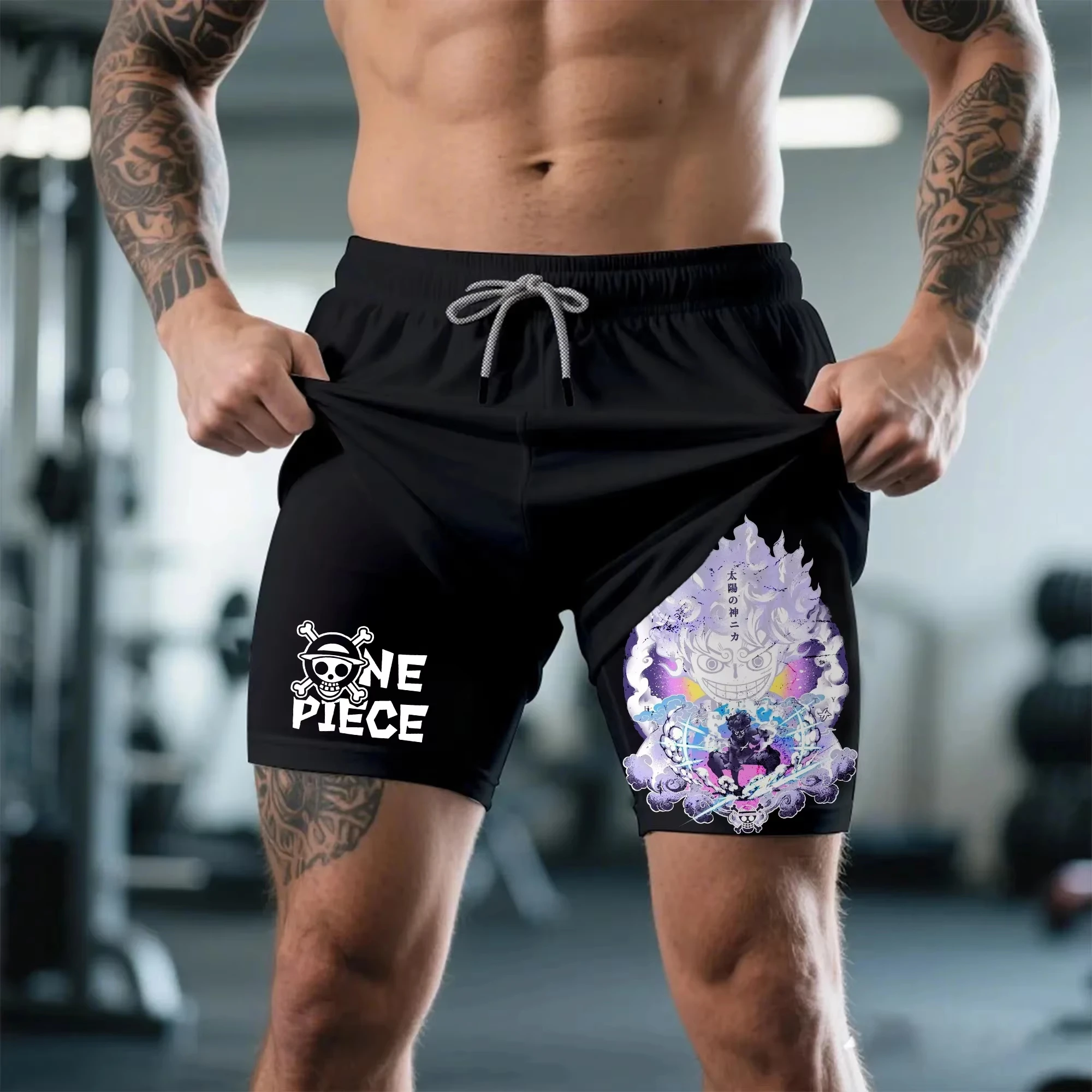Bandai One Piece Luffy bedruckte doppellagige Shorts, lockere, schweißableitende und atmungsaktive Sportshorts für Herren und Damen im Sommer