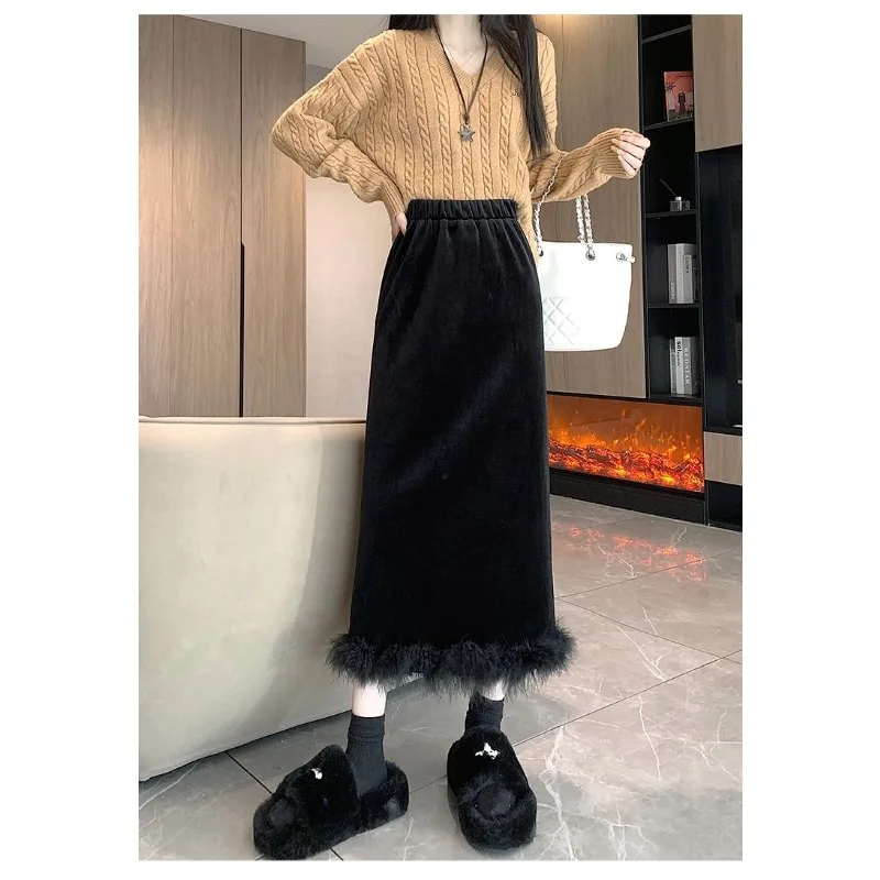 

Autumn Winter Velvet Thickened Gold Velvet Skirt High Waist Drape Slit Raw Edge A-line Skirt Hip-covering Mid-length Skirt