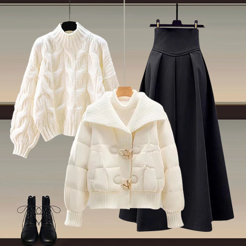 

Утепленный флисовый вязаный свитер, женский осенне-зимний комплект из трех предметов: юбка с высокой талией, топ с круглым вырезом, хлопок.