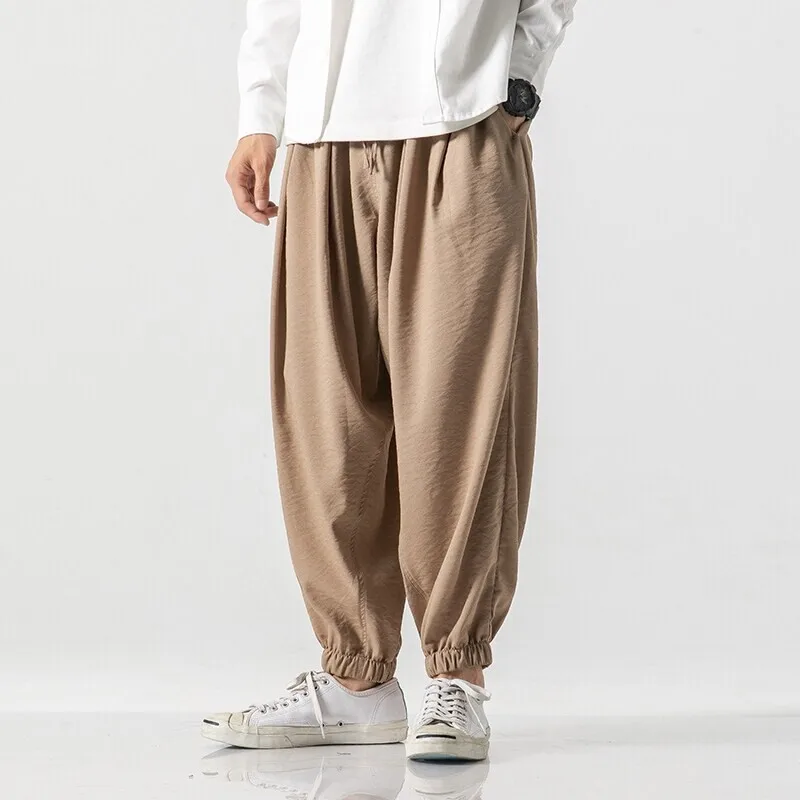 

Хлопковые льняные шаровары в японском стиле, однотонные свободные летние брюки, повседневные дышащие удобные легкие брюки, мужские