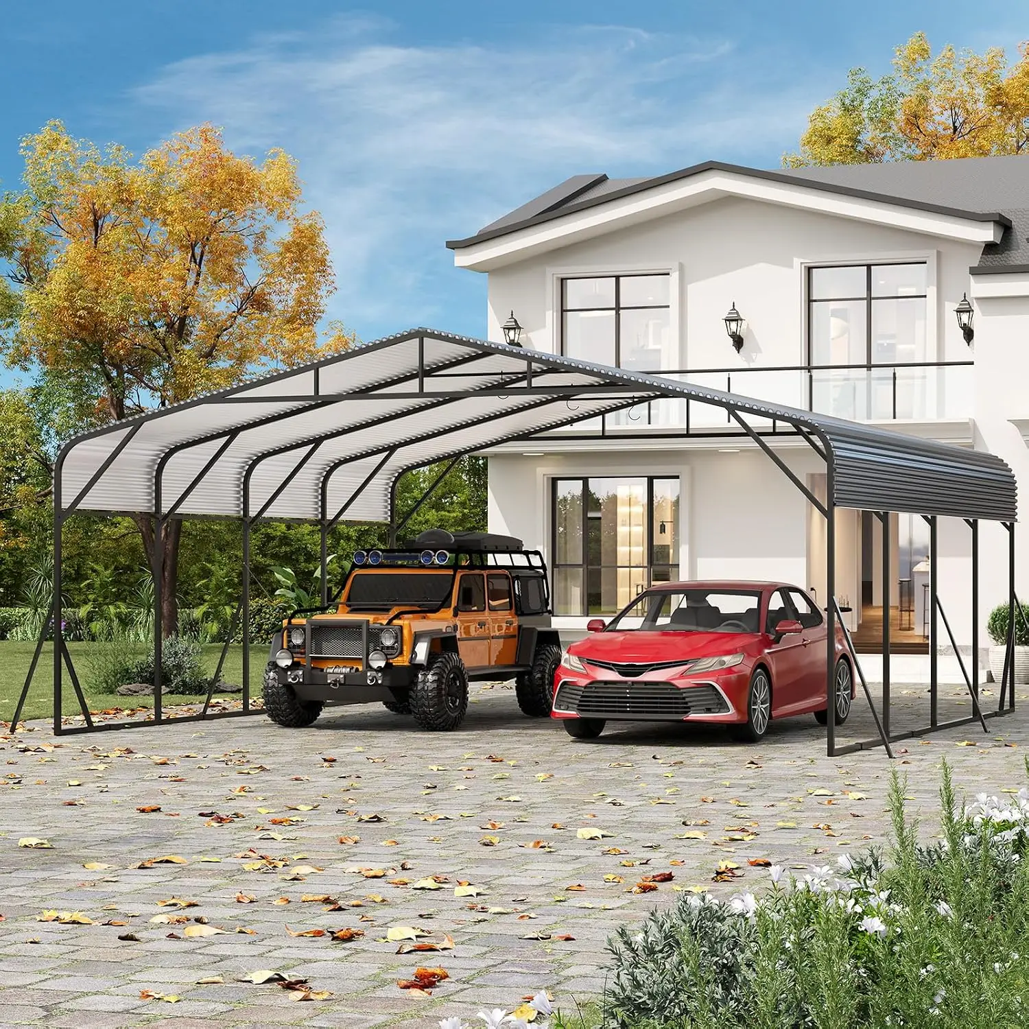 Metal Carport with Reinforced Base & Galvanized Steel Roof, Heavy Duty Outdoor Shelter for SUV Truck Boat, 20x20 FT, Customized