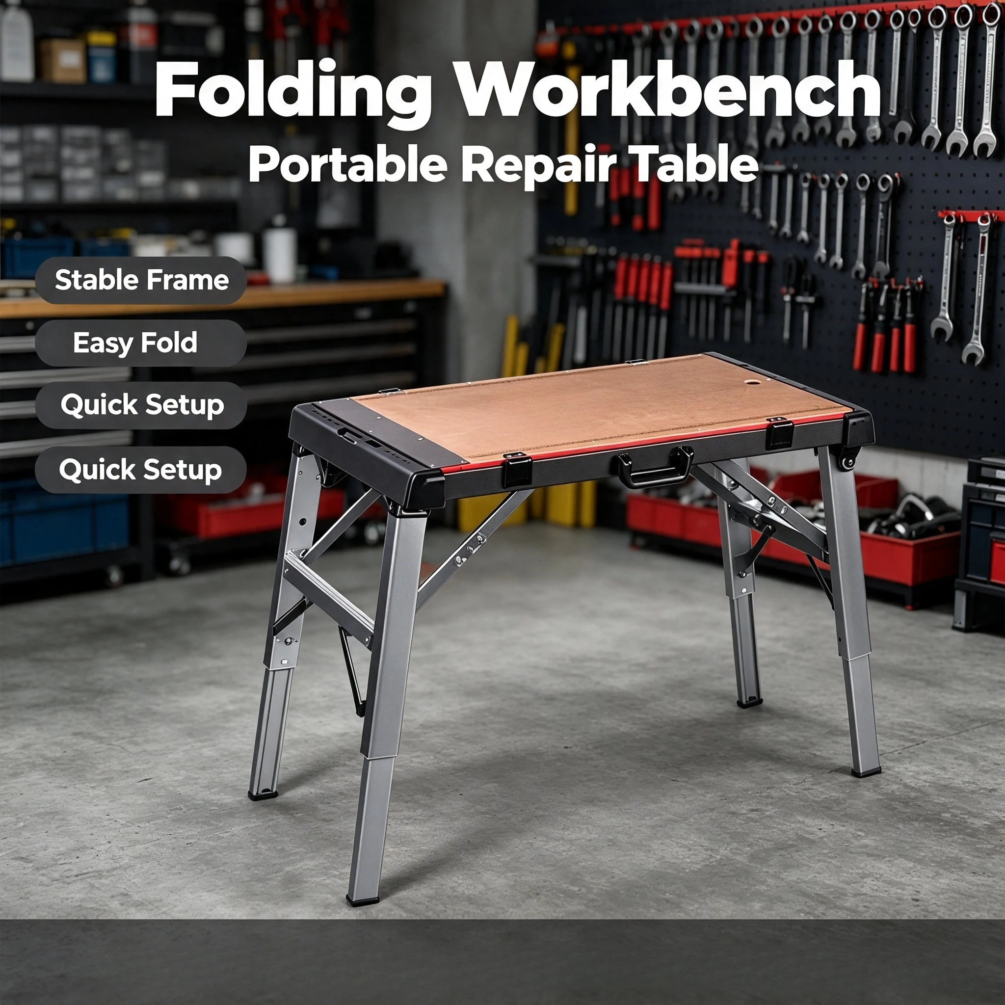 Multifunctional folding table, 200kg load-bearing, aluminum frame, replaceable top, suitable for woodworking and DIY.