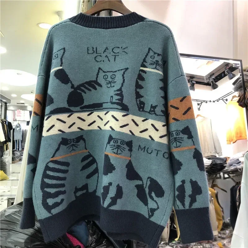 Women\'s Sweater Clothing Fashion Cartoon Cat Animal Cardigan Woman Oversized Tops Korean Knit Long sleeve Sweaters Coat Femme