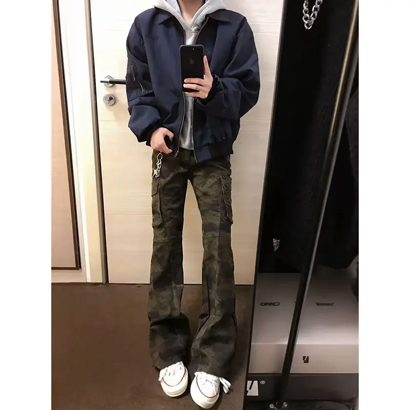 

Американские джинсы-карго прямого кроя в стиле High Street, камуфляжные, для мужчин, осенне-зимние, модные, узкие, облегающие брюки
