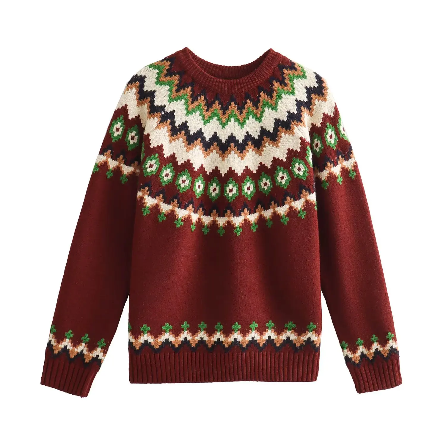 2023 Retro Christmas Sweater Round Collar Geometric Wave Striped Knit Pullover Knitwear Long Sleeve Jumper Coffee Red