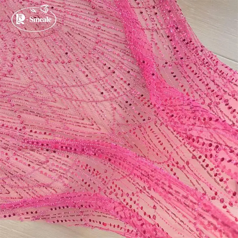 Rose Red Perlen Pailletten Streifen Hochzeitskleid Spitzenstoff, funkelnd und glänzend, DIY Nähen Kleidung Dekoration RS24437 – Detail 5