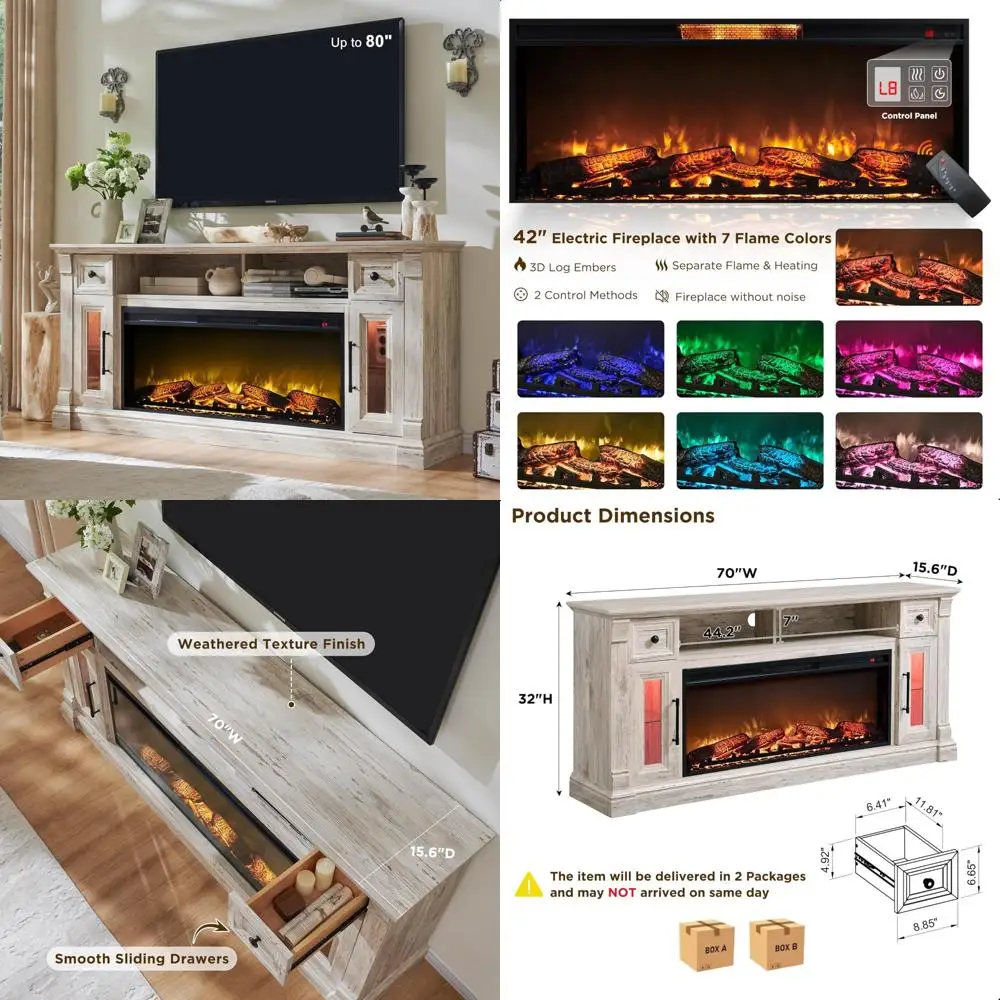حامل تلفزيون 80 على طراز Farmhouse مع 42 مدفأة كهربائية ومصابيح LED ووحدة تحكم الوسائط الخشبية