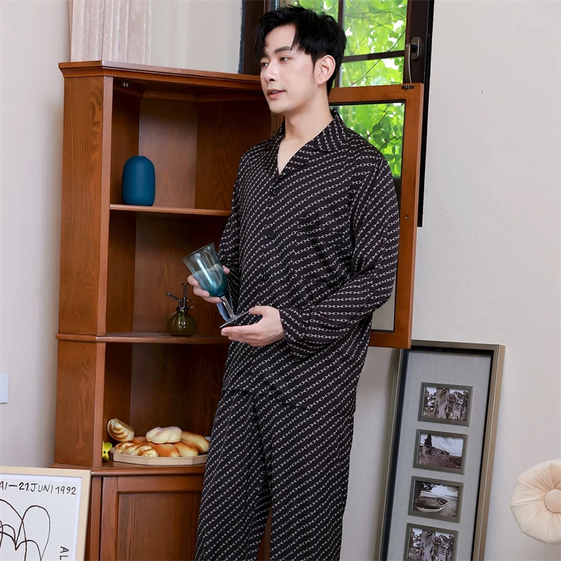 Wholesale men's silk pajamas set luxury printed male long sleeve satin nightgown autumn plus size men Casual home wear