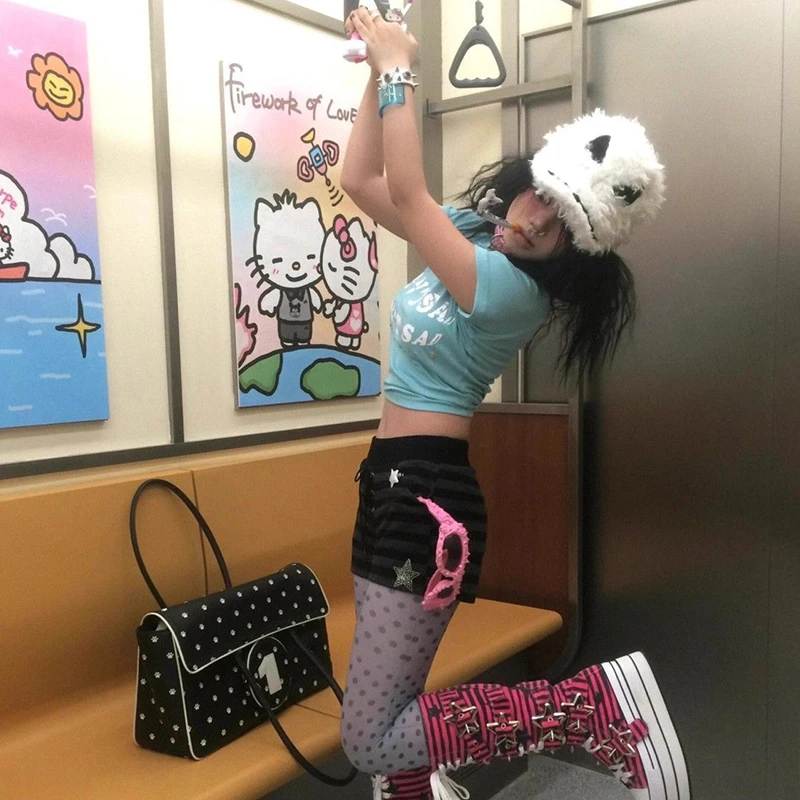 Karrram Japanese Y2k Letter Print T-shirt Vintage Harajuku Blue Crop Top Trashy 2000s Style Short Sleeve Tee Shirt American 90s