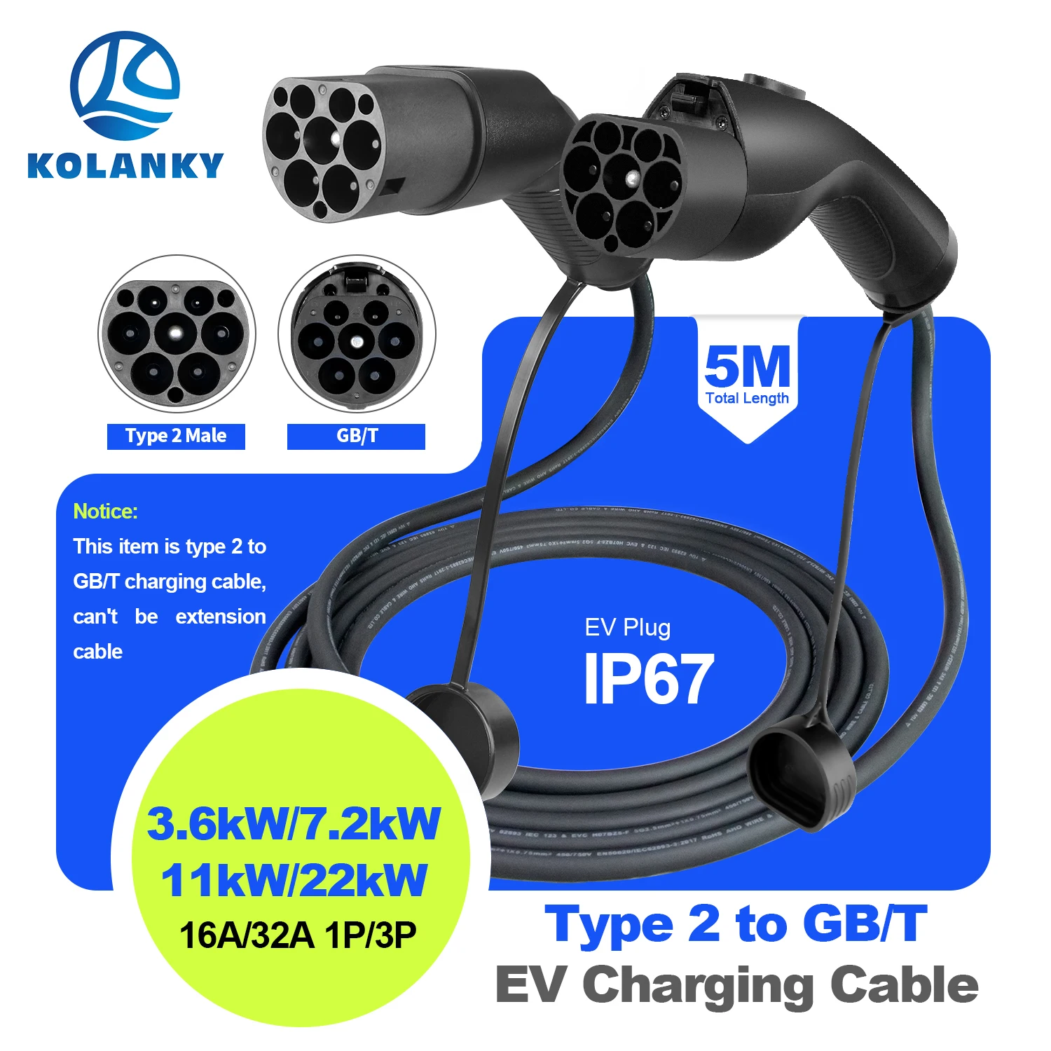 Type 2 to GB/T EV Charging Cable 16A 3.6kW 32A 7.2kW 1P 11kW 22kW 3P for GBT Electric Vehicle Charging On Type 2 Public Station