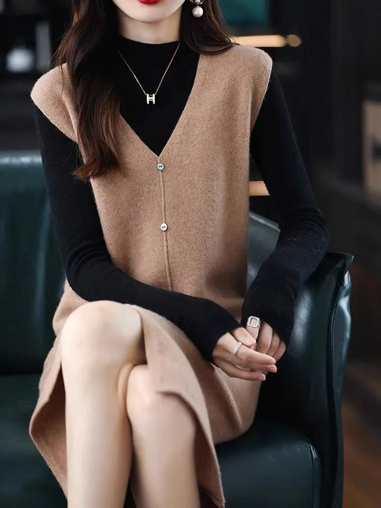 Long, Medium to Long Sleeveless Knitted Knee Length Vest Skirt Autumn Winter V-neck Solid Dress Stylish Sweater and Camisole