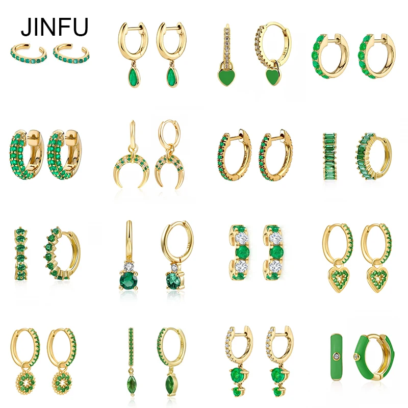 JINFU Gold Silver Plated Hoop Drop Earrings For Women Green CZ Zircon Fake Piercing Ear Cuff Women's Earrings 2022 Jewelry