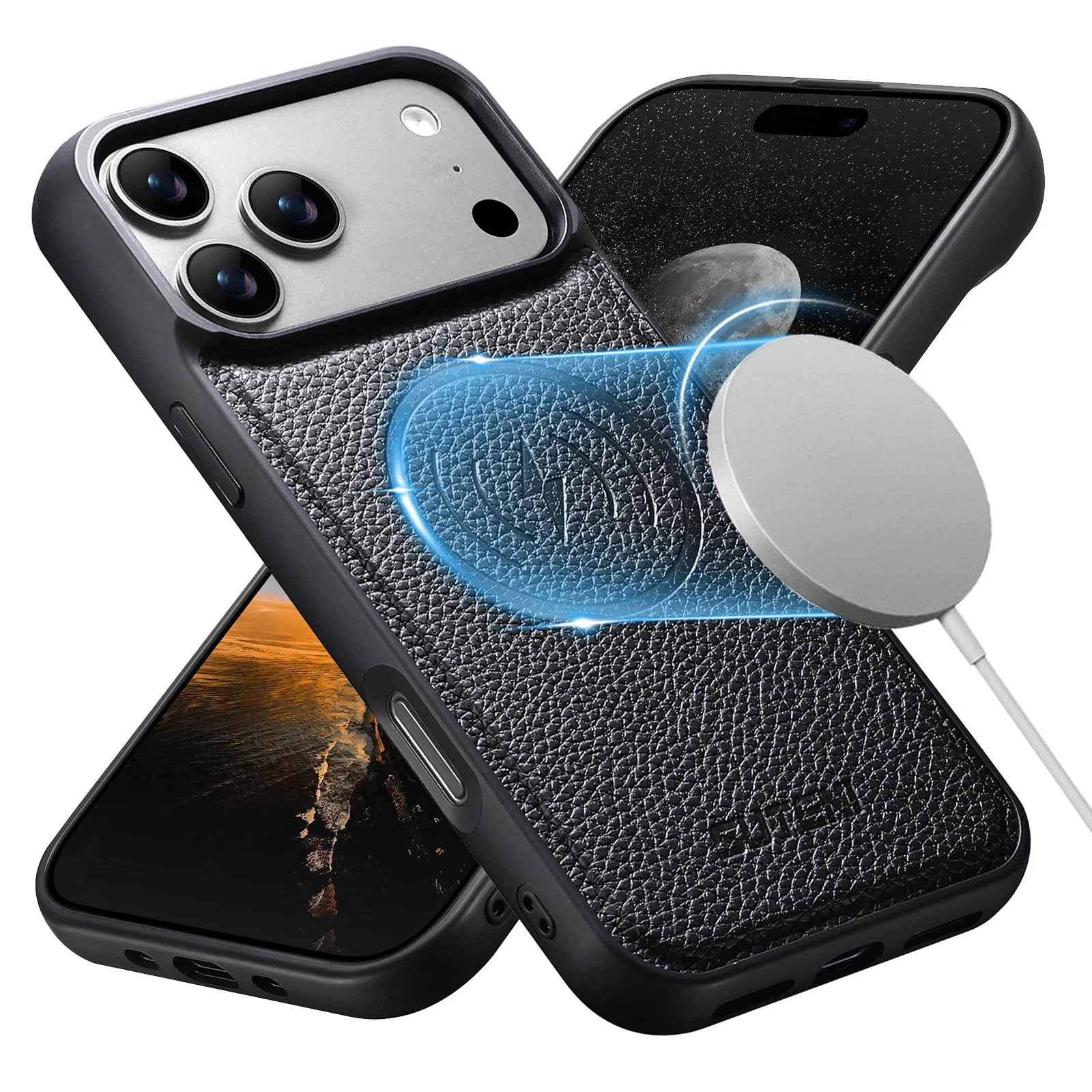 เคสโทรศัพท์หนังลายลิ้นจี่สำหรับ iPhone 13 14 15 16 17 Pro Max รองรับ MagSafe ชาร์จไร้สาย ป้องกันการกระแทก