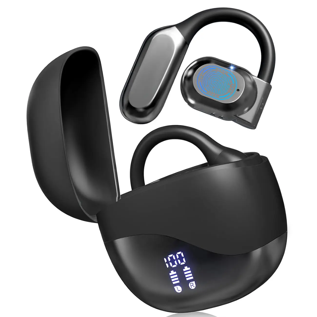 Auriculares Inalámbricos Estéreo TWS Bluetooth M62 - Diseño de Gancho Abierto, Batería de 58H, Pantalla Digital, Bluetooth 5.3, Cancelación de Ruido en Llamadas