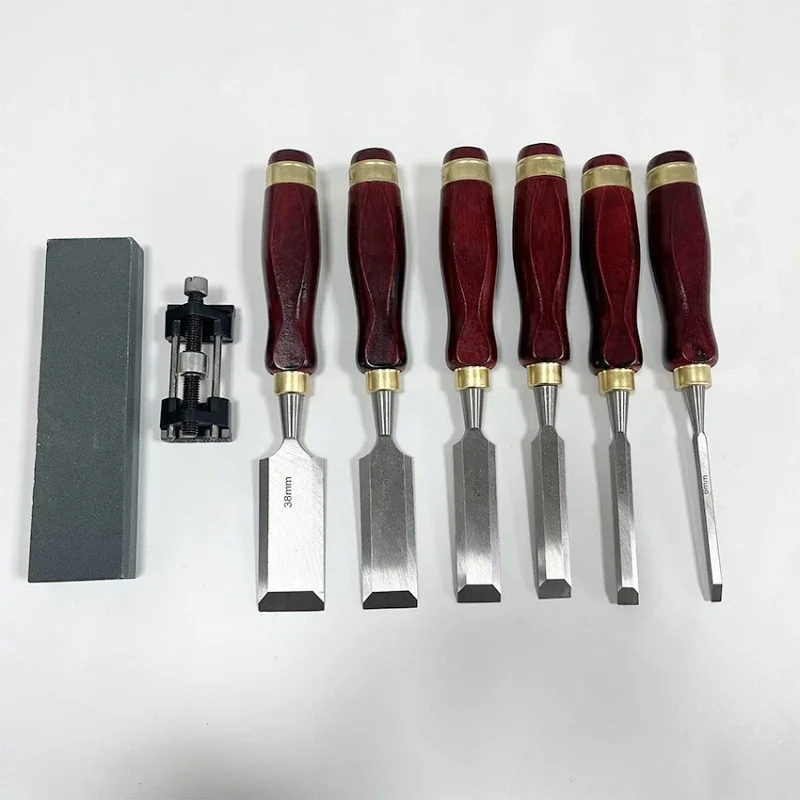 Woodworking Chisel  6 Pcs Professional Flat Chisel Set Mahogany Handle Wooden Chisels DIY Alloy Steel Manual Carving Tools