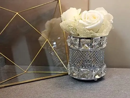 Silver Makeup Brush Holder Organizer,Handcrafted Vintage Cosmetics Brushes Eyebrow Pencil Pen Cup Collection, Crystal Flower Va