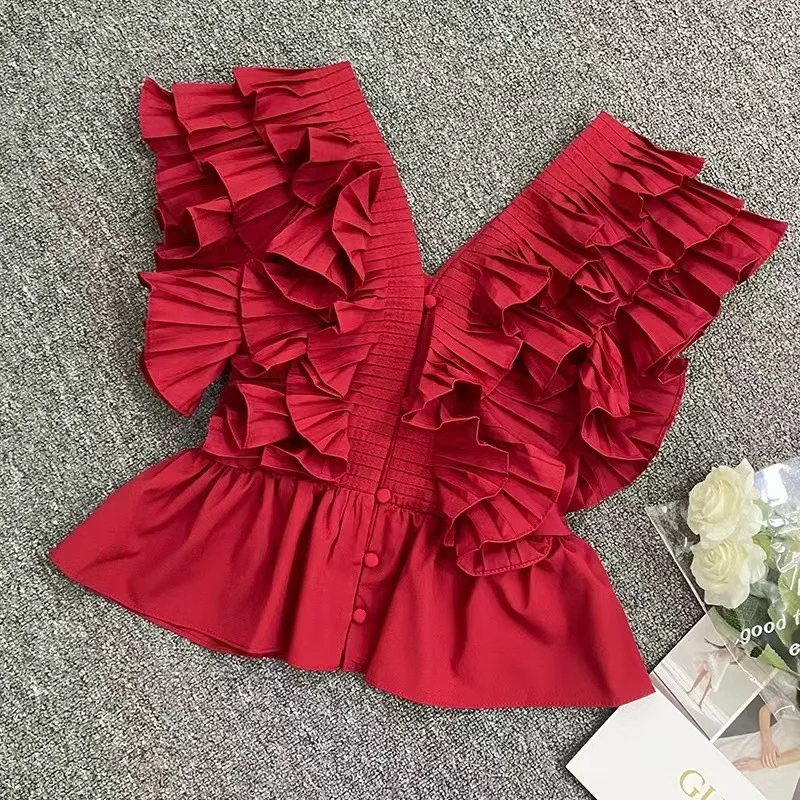 French Elegant Ruffle Edge Pleated Chiffon Short Shirt Top Women\'s Summer Fashion Sleeveless V-neck Single breasted Red Blouse