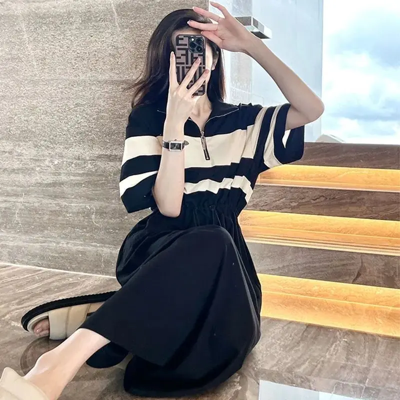 Fashion Lapel Zipper Shirring Bandage Striped Casual Dress Female Clothing 2024 Summer New Loose Young Style Short Sleeve Dress