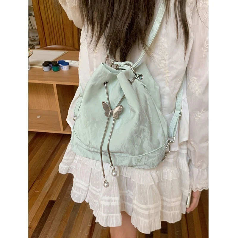 Women Mint Green Butterfly Drawstring Backpack Lady New Korean Style Jacquard Mini Bucket Bag Female Cutecore Shoulder Bags