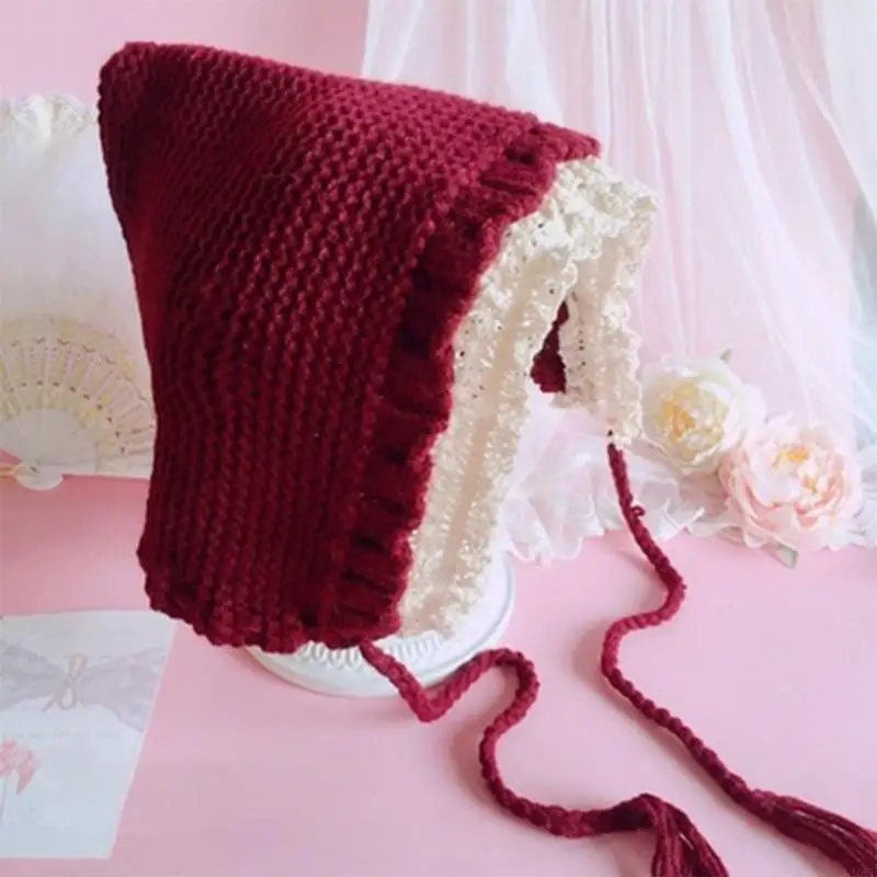 قبعة الشتاء المحبوكة للحماية، قبعة دافئة، قبعة كاجوال بحافة دانتيل للفتيات