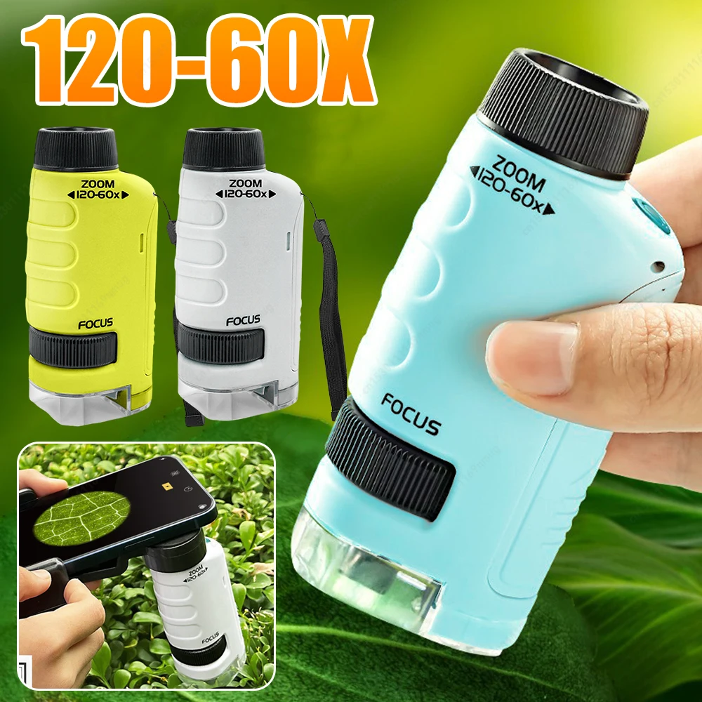Kid Science Experiment Pocket Microscope with LED Light 60-120x Battery Powered Home School Biological Science Educational Toys