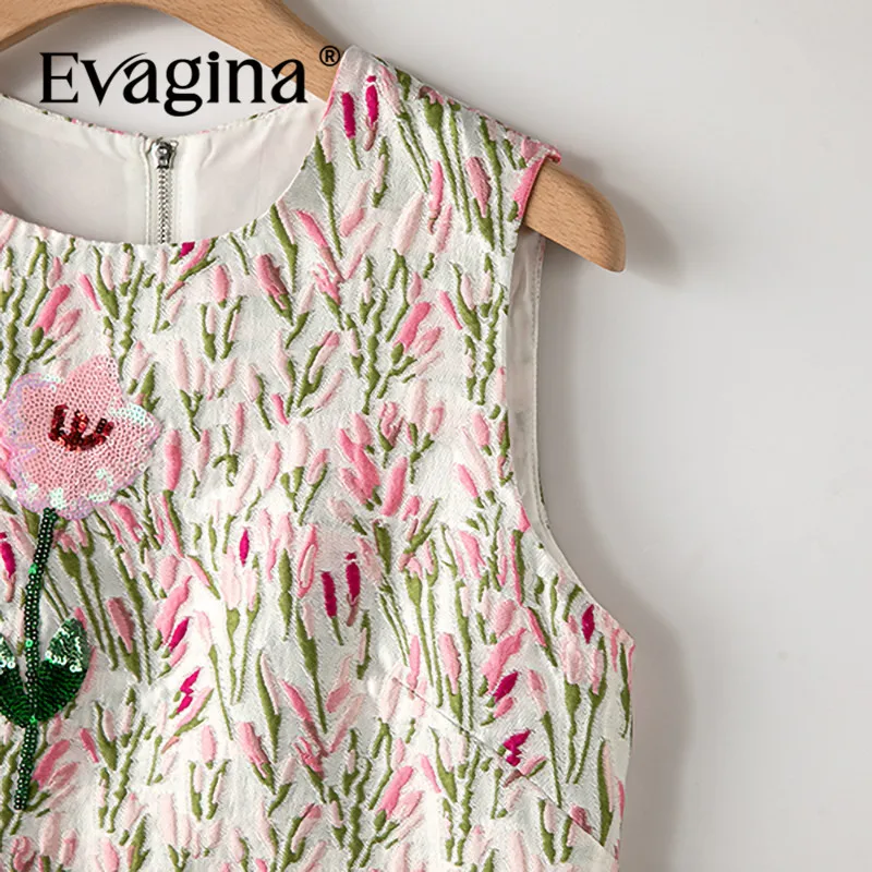 Evagina Spring/Summer New Fashionable Women's Sleeveless Jacquard Sequins High Street A-Line Short Dresses