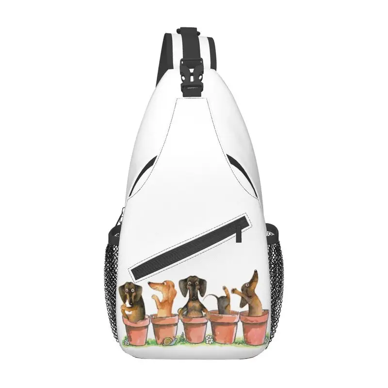 

Dachshund Flower Pots Sling Crossbody Backpack Men Custom Wiener Badger Sausage Dog Chest Shoulder Bag for Travel Hiking Daypack