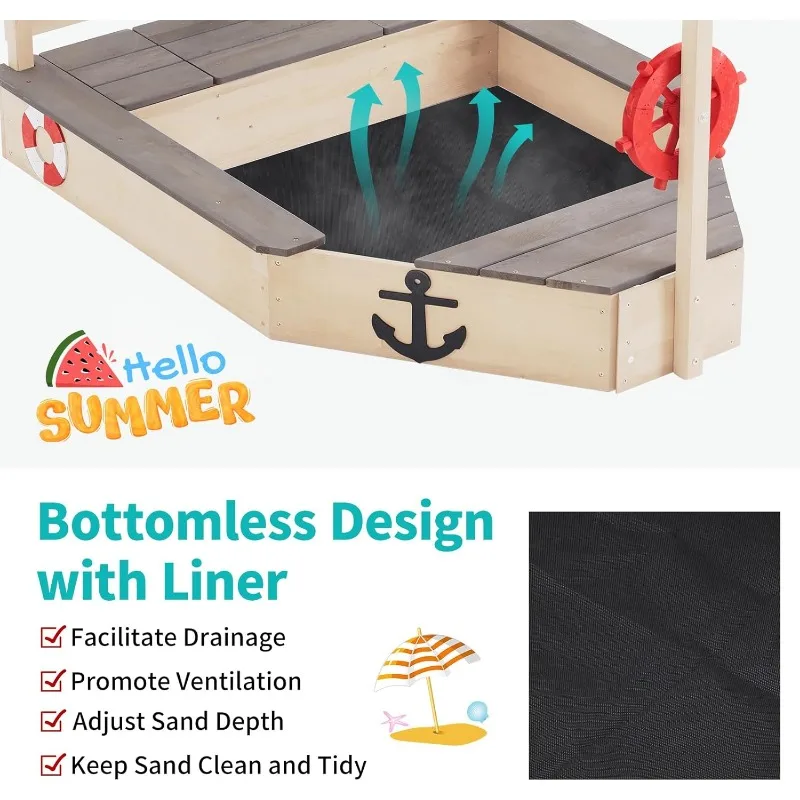 Sandbox with Cover Wooden Sandbox with Storage Bench Seat Sink Outdoor SandBox for Backyard Garden Sand Boxes Sandpit Light Wood