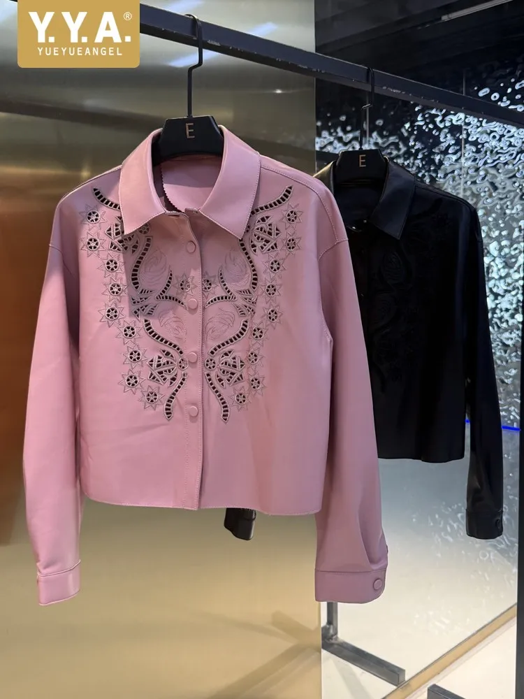 Spring Autumn Females Hollowed Out Embroidered Sheepskin Shirt Jacket High Quality Genuine Leather Thin Ladies Short Jackets