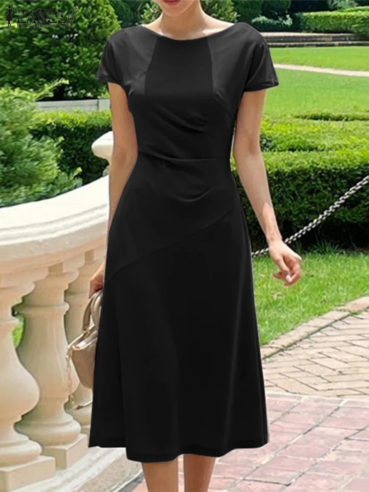 

ZANZEA Summer Fashion Short Sleeve Slim Fit Party Dress Solid A Line Pleated Vestidos Female Robe Elegant Women OL Work Sundress