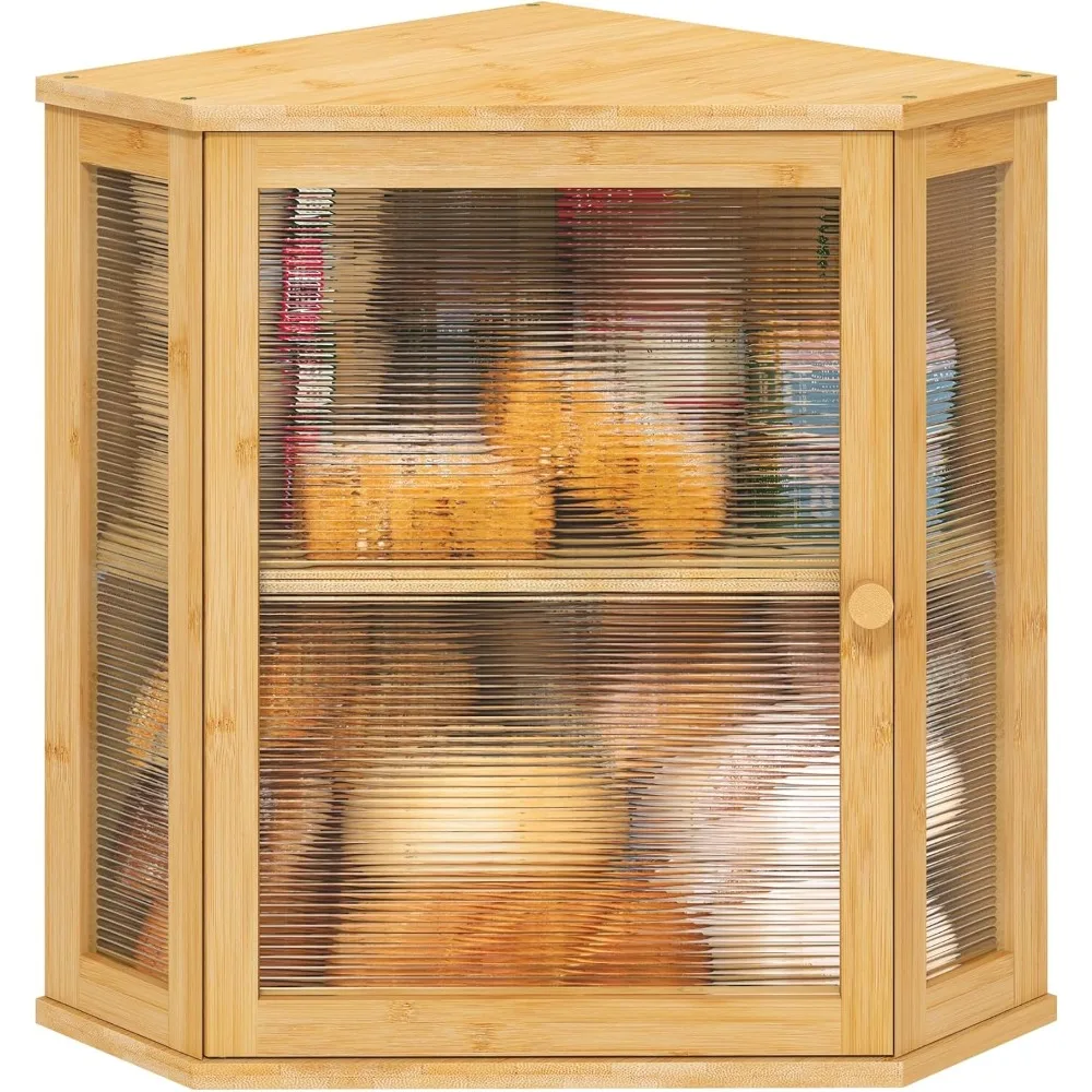 

Corner Bread Box for Kitchen Counter, Bamboo Wood Large Capacity Bread Storage Bin with Acrylic Wavy Door Panel