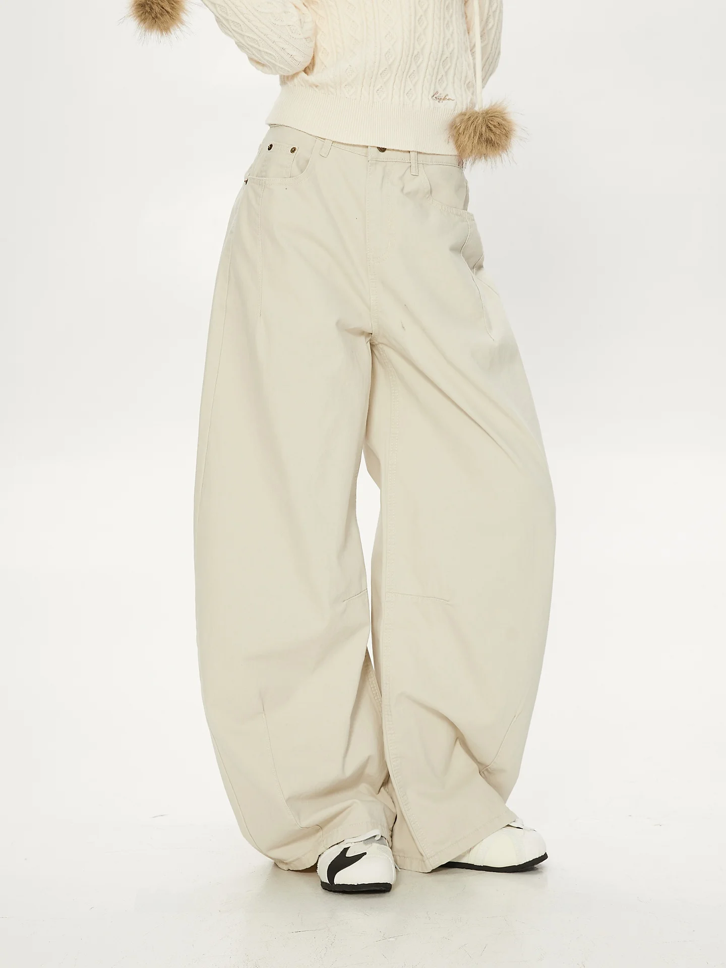 

American Casual Women's Wide Leg Pants Khaki Bend Knife Loose Drapey Floor-Length Workwear Long Trousers l Waist