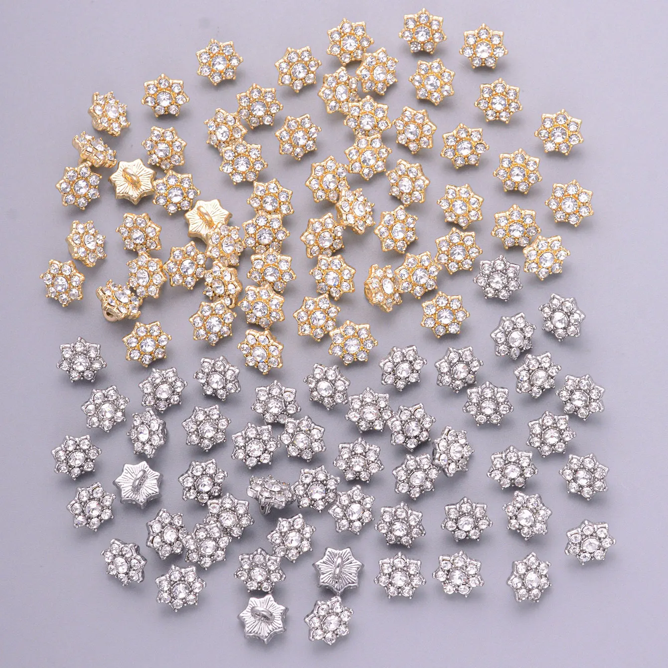 10/20/50pcs Gold or Silver Plated Rhinestone Flower-Shape Metal Small Buttons For Clothing Decorative DIY Sewing Accessories