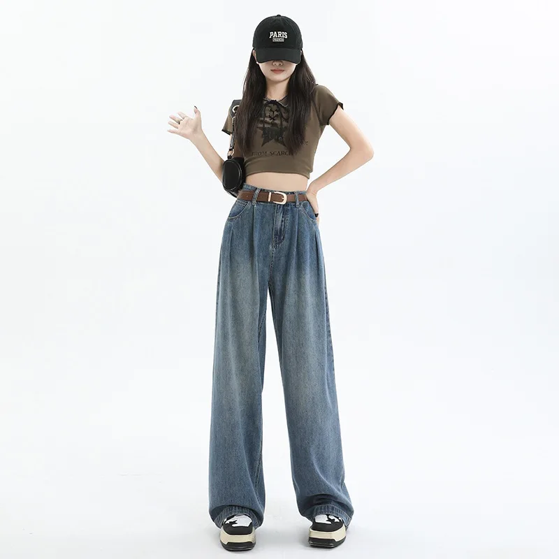 Women's Slim Wide Leg Jeans Pleated Design Hip Conceal Slim Straight Leg Pants High Waist Long Trousers Street Style Casual C...
