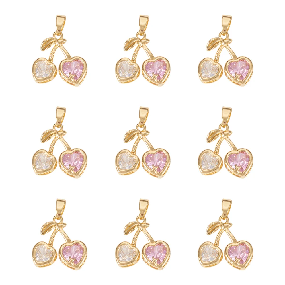 10pcs Cherry Charms 18K Golden Plated Brass Micro Pave Cubic Zirconia Fruit Pendant For DIY Crafts Jewelry Making Accessories