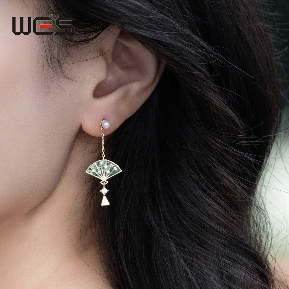 أقراط نسائية على شكل مروحة من الفضة الإسترلينية ، عقيق طحلب فريد من نوعه ، على الطراز الصيني ، مجوهرات راقية ، هدايا خطبة #3