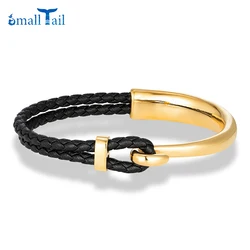 Trendy Black Braided Leather Bracelet Non-fading Polished Stainless Steel Hook Classic Cuff Charm Bracelet for Men Male Gifts