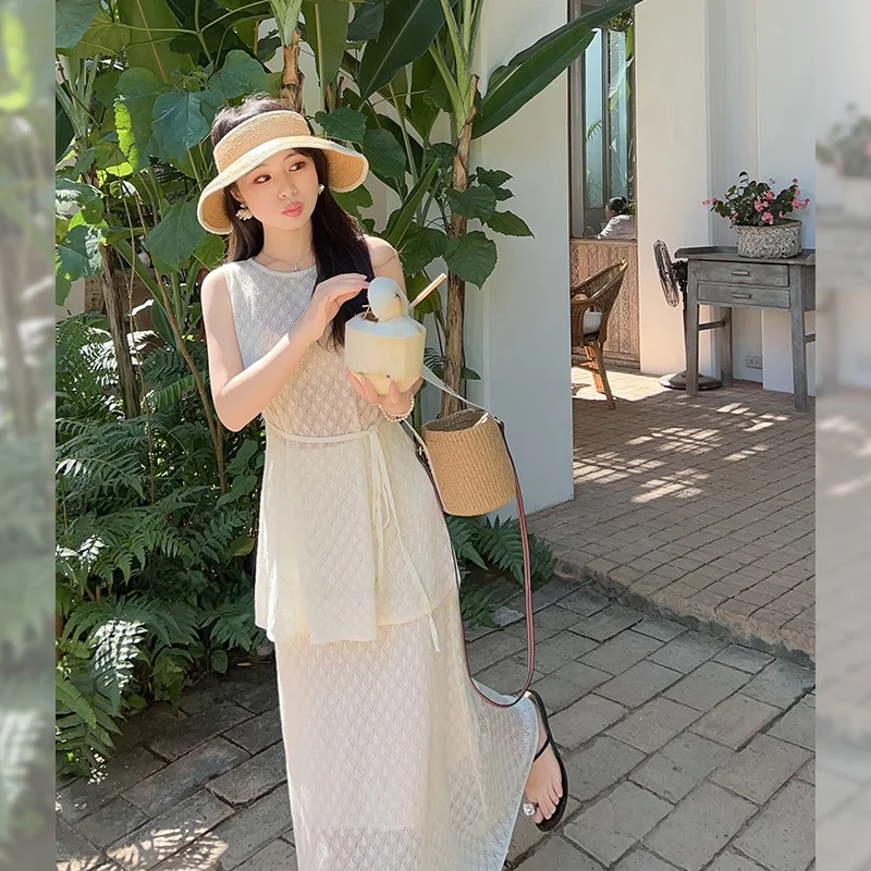 

Вязаный льняной комплект Mays French: топ и юбка макси для женщин, весенний сезон