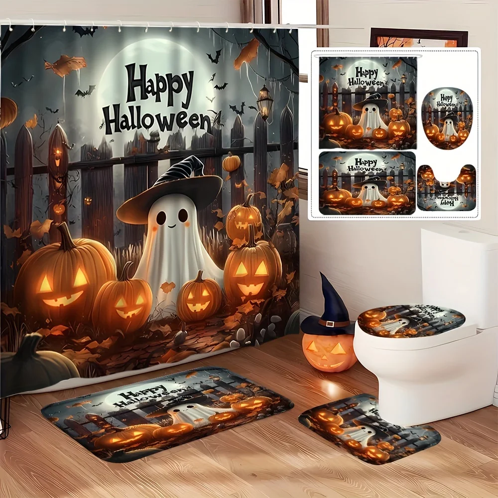 

Набор для ванной комнаты из 4 предметов с милым призраком и тыквой на Хэллоуин, нескользящий коврик, U-образный коврик, коврик для сиденья унитаза, занавеска для душа