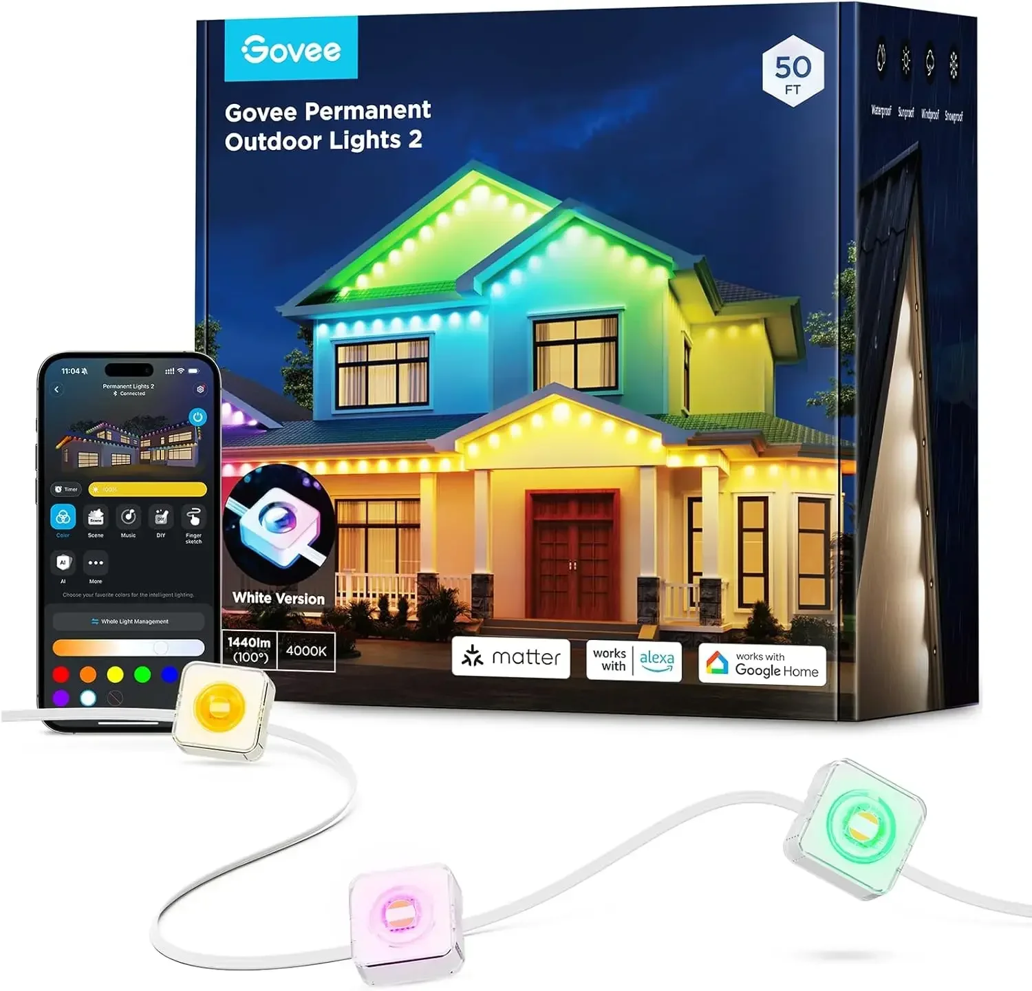 

Permanent Outdoor Lights 2, 50ft RGBIC Outdoor Lights with 36 LED Lights, IP67 Waterproof, 100 Scene Modes with 40lm White for