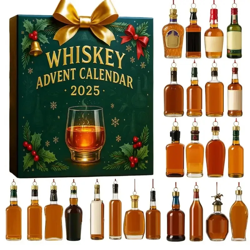 

2025 Whisky Advent Calendar - 2D Flat 24 Bottle-Like Doors Wood-Like, Gift for Whisky Tasting Parties 24 Days Countdown Calendar