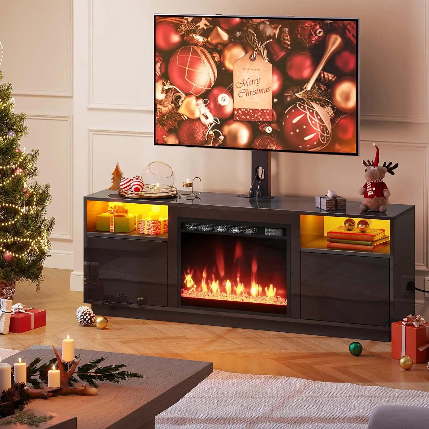 Fireplace TV Stand with Led Lights and Power Outlets, Entertainment Center with Electric Fireplace