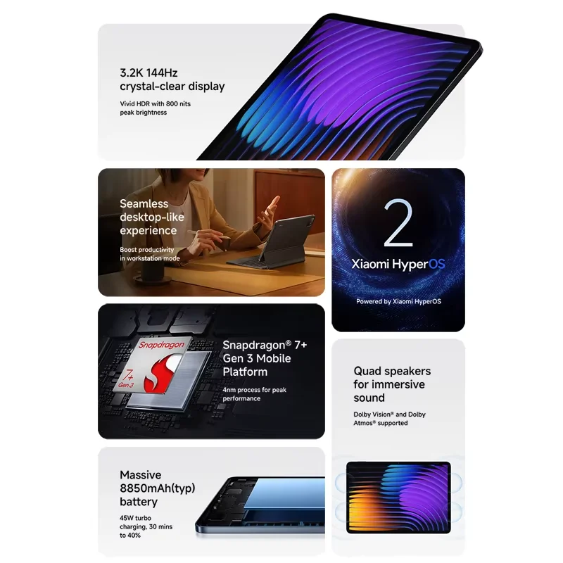 グローバルバージョン Xiaomi Pad 7 Snapdragon 7+ Gen 3 オクタコア CPU 8850mAh 13MP カメラ 11.2" 3.2K 144Hz ディスプレイ 45W ターボ充電